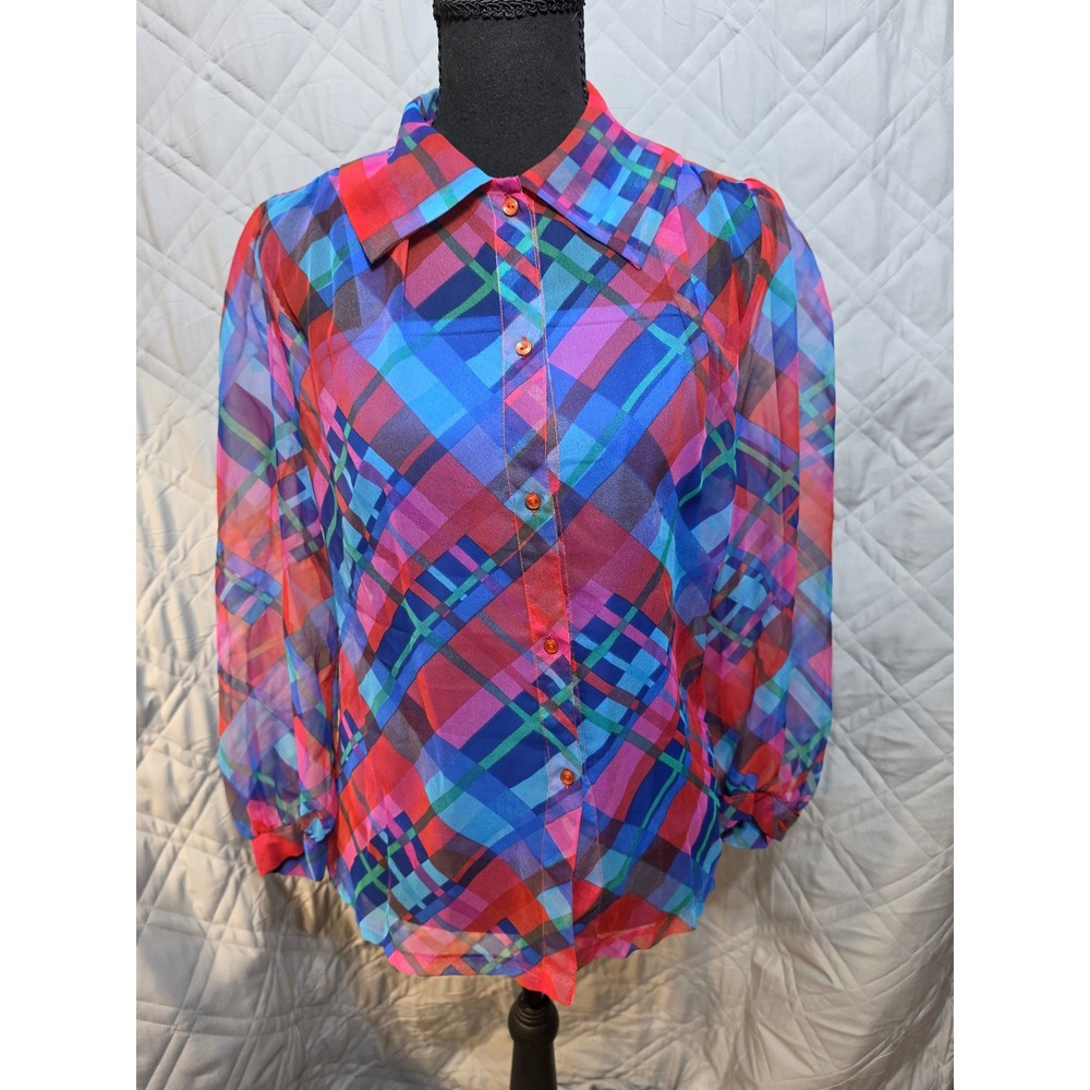 Vintage Sheer Plaid Button Up Blouse & Camisole Set Red Blue Multi Size S